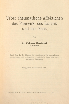 Ueber rheumatische Affektionen des Pharynx, des Larynx und der Nase : (Nach dem in der Sitzung der französischen laryngologischen, rhinologischen und otologischen Gesellschaft, Paris, Mai 1899, gehaltenen Vortrage)
