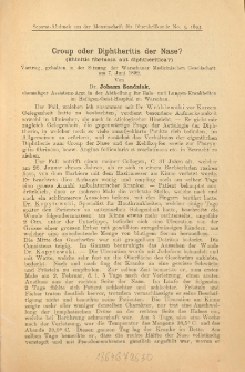 Croup oder Diphtheritis der Nase? = (Rhinitis fibrinosa aut diphtherica?) : Vortrag, gehalten in der Sitzung der Warschauer Medicinischen Gesellschaft am 7. Juni 1892